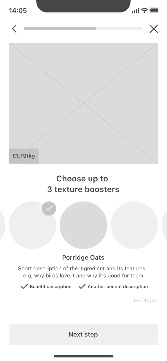 digital wireframe showing a customisation screen with a large image and ingredient selections