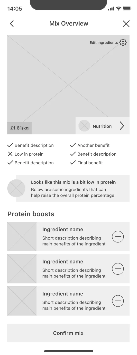 digital wireframe showing a mix overview screen with a hint on increasing the protein content