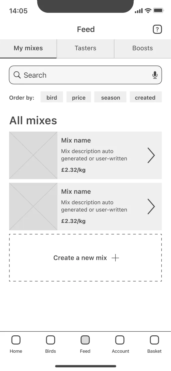 digital wireframe showing a list of created feed mixes, with tabs for tasters and boosts