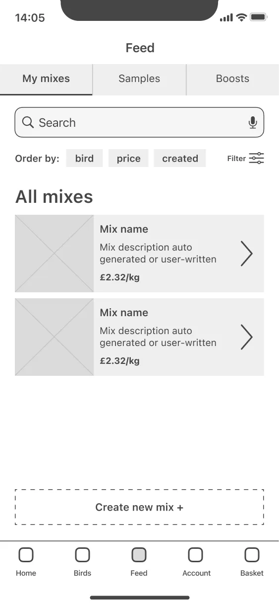 low fidelity prototype screen showing cards for created feed mixes with a small create new mix button at the bottom