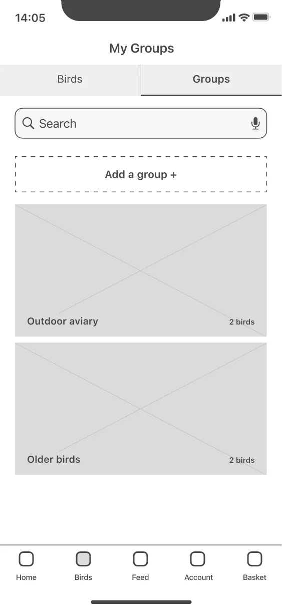 low fidelity prototype screen showing cards for groups of birds with a small add a group button at the top