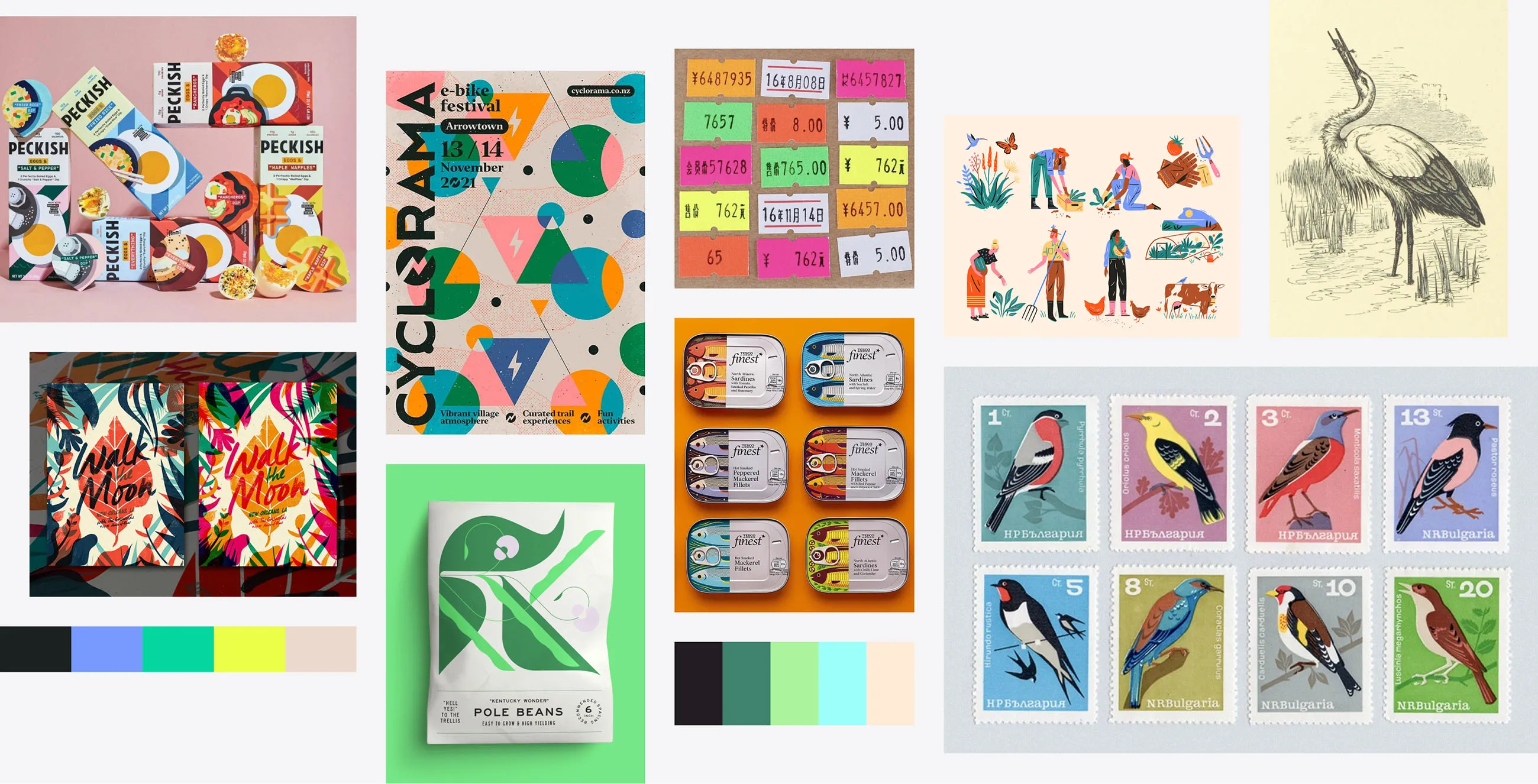 A collection of colourful image inspiration including vintage illustrations, neon price labels and food packaging