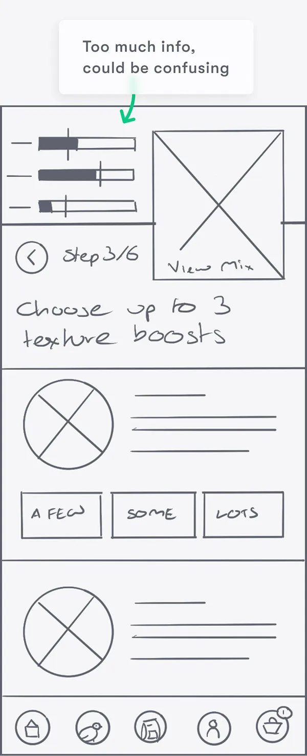 Sketched wireframes showing a information-heavy mix summary screen